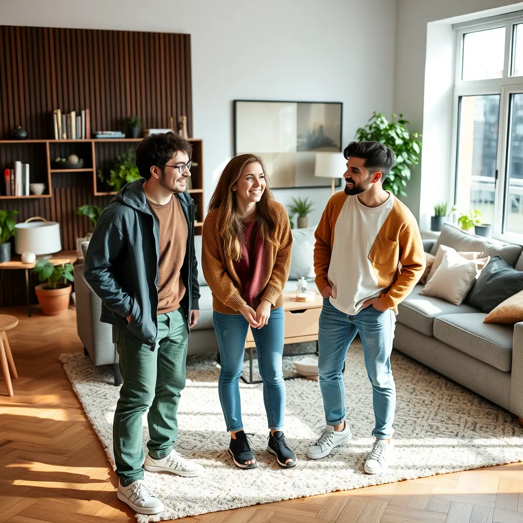 A dynamic scene depicting young adults engaged in various activities within a flexible living space, showcasing collaborative work areas, cozy shared kitchens, and personal private rooms. Visualize the blend of productivity and relaxation, with elements representing modern technology and social interactions.