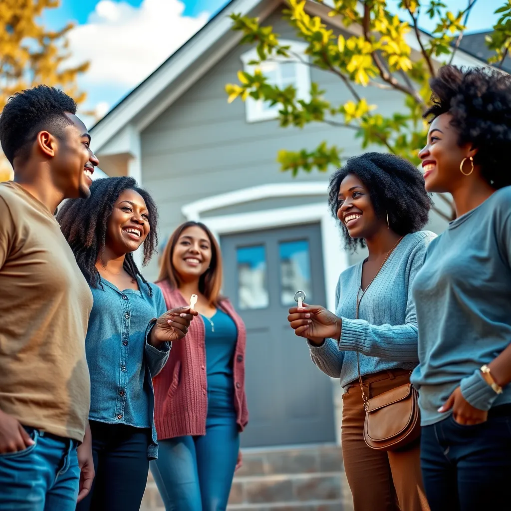 A diverse group of young adults happily standing in front of a newly purchased home, holding keys and smiling with excitement. The background features a vibrant neighborhood with trees and a blue sky. The atmosphere conveys hope and empowerment, showcasing social equity in action.