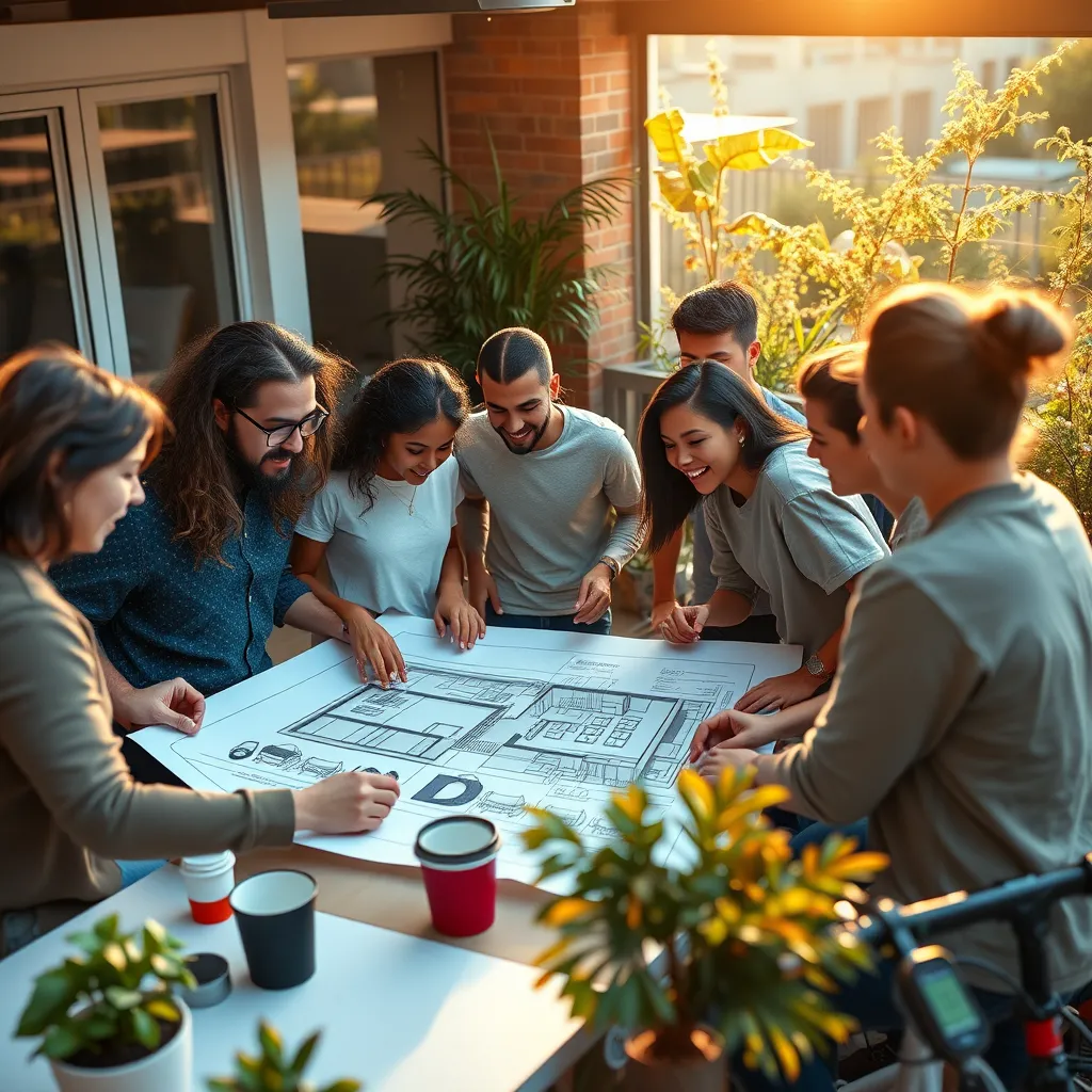 A diverse group of young adults collaborating over a blueprint of a modern co-owned house, surrounded by plants and outdoor space, showcasing a vibrant community atmosphere, warm sunlight illuminating the scene, with elements of urban living, such as bicycles and coffee cups present.
