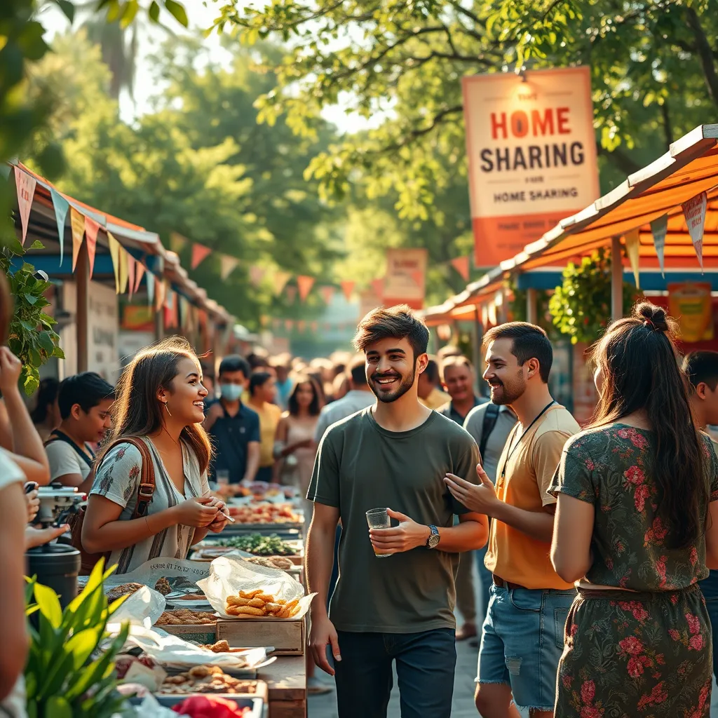 A dynamic outdoor community event featuring young adults at a vibrant market celebrating homeownership. The scene is filled with colorful stalls, people engaged in joy and discussion, surrounded by lush greenery under gentle, warm sunlight. The color palette bursts with bright colors like oranges, greens, and blues, promoting a festive mood. The camera angle is slightly elevated, providing a clear view of the lively atmosphere with details of food, music, and social interaction. Textures include natural materials like wood, fabrics, and greenery. Background elements feature banners emphasizing home sharing themes. Style references draw on documentary-style photography that promotes community spirit. This image is hyperrealistic, ultra-detailed in 8K resolution, celebrating empowerment and connection.