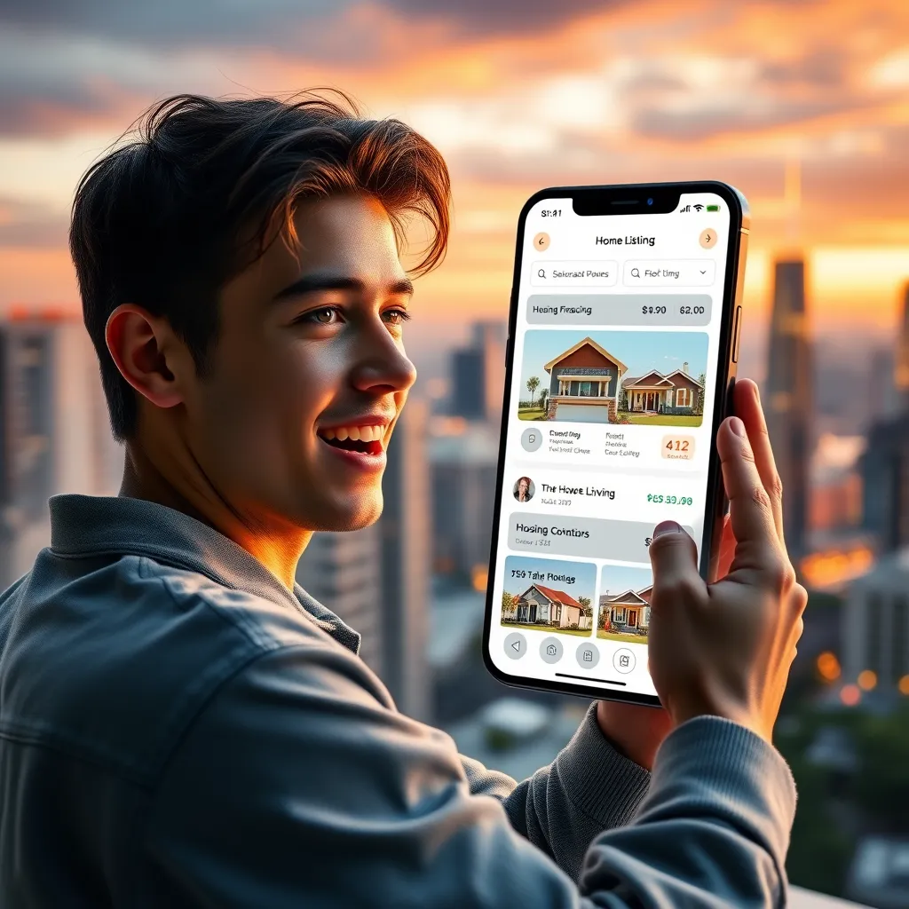 A high-tech digital interface showing a user-friendly app on a smartphone, displaying housing financing options and home listings, with a backdrop of a city skyline symbolizing modern living, and a young adult using the app, looking excited.