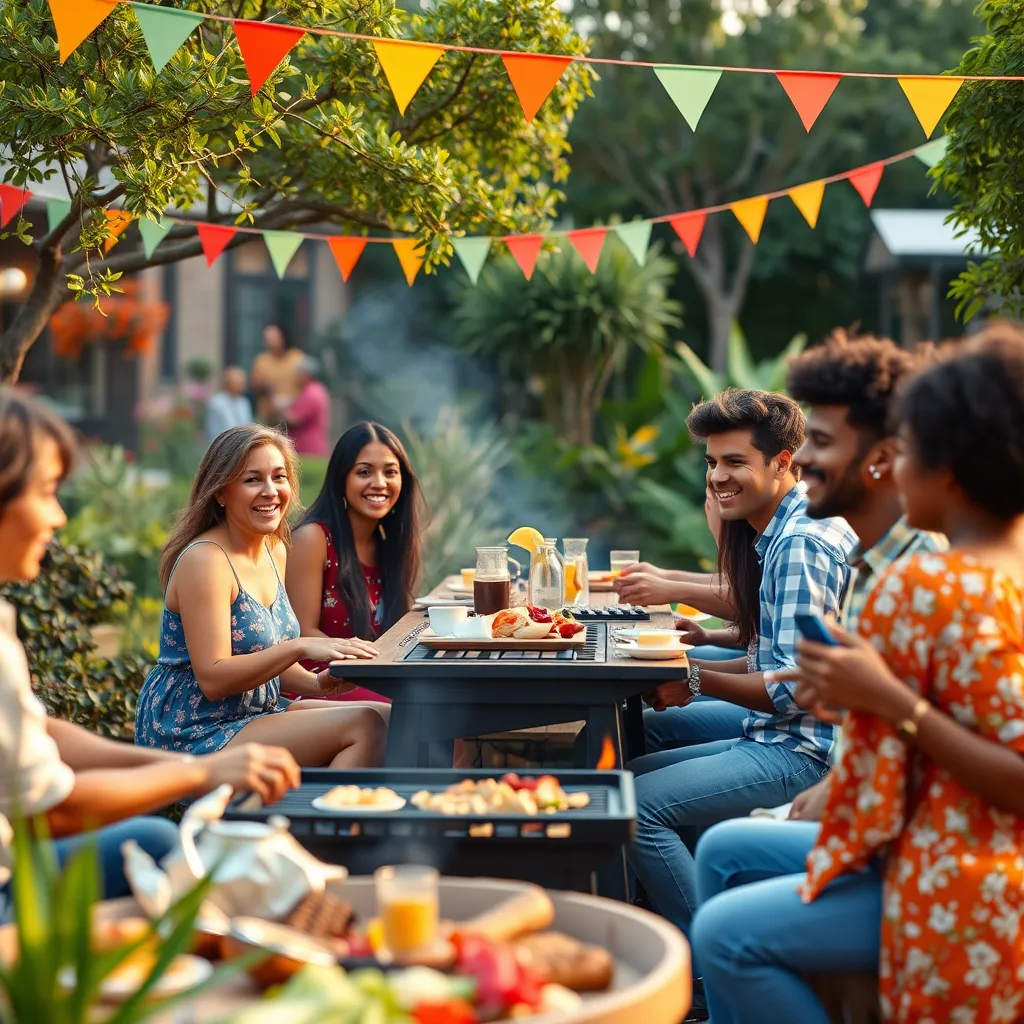 A lively community gathering in a beautifully landscaped garden, featuring young adults enjoying a barbecue or outdoor games. Show camaraderie and interaction among diverse groups, emphasizing unity and friendship, with colorful decorations and shared dining experiences in the background.
