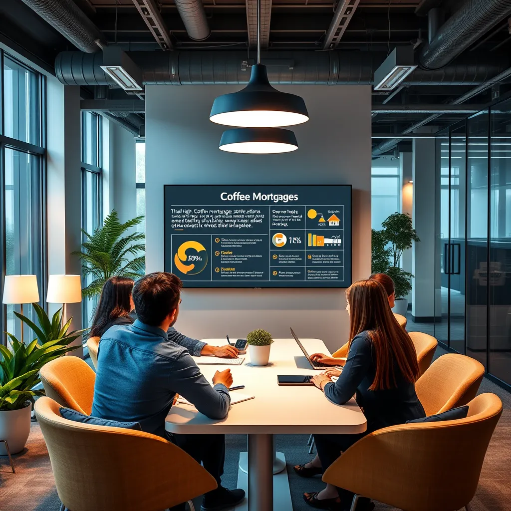 A modern, inviting office environment with young professionals discussing innovative mortgage solutions. A digital screen showcases information about Coffee Mortgages, surrounded by infographics highlighting the advantages of shared ownership. The enthusiasm and creativity are palpable in the air.