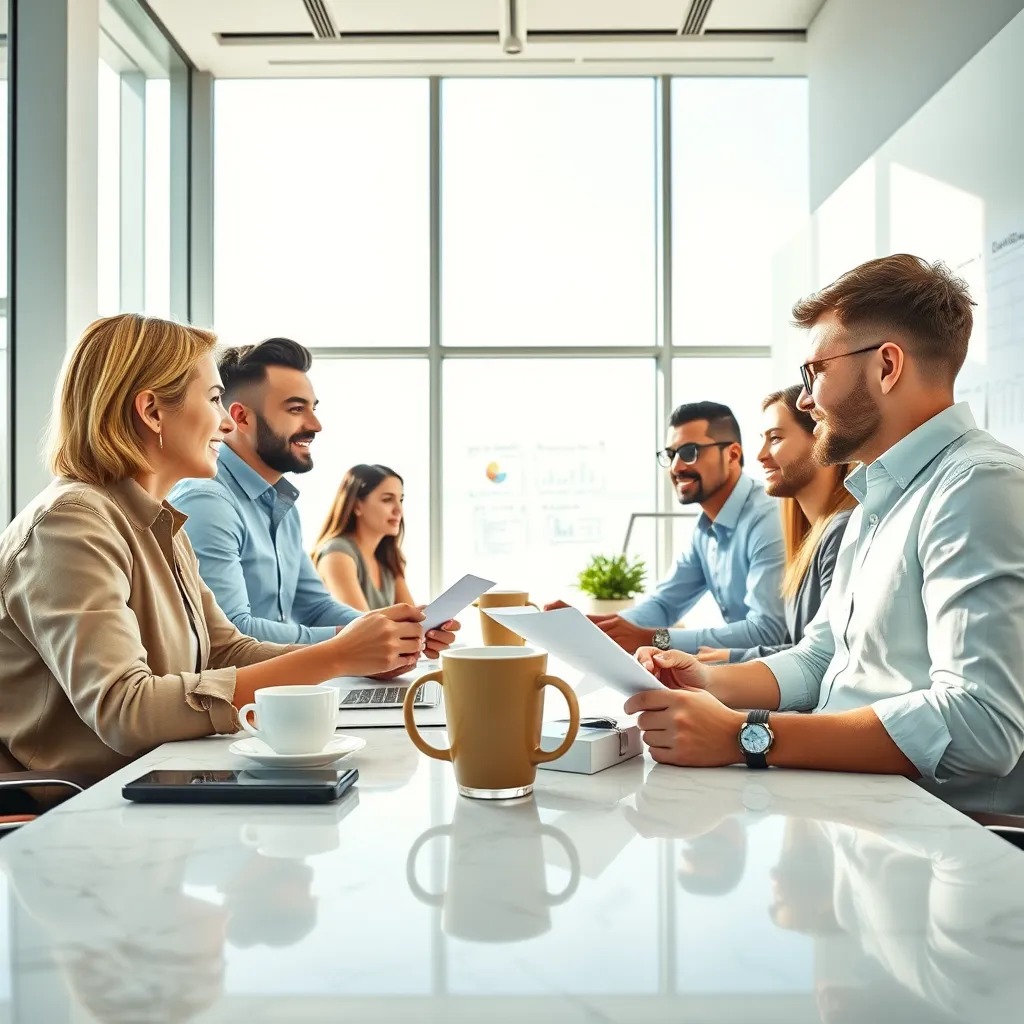 An innovative financial meeting taking place in a sleek, modern office, highlighting a group of young adults discussing 'Coffee Mortgages'. Bright, natural light filters through large windows, enhancing the clean, minimalist design. The color palette is bright with whites, blues, and greens, suggesting freshness and opportunity. The camera perspective is from a low angle, focusing on the interaction, with close-up details of coffee cups and financial documents. Textured materials like smooth marble and polished wood enrich the environment. In the background, graphite whiteboard sketches and high-tech gadgets illustrate a vibrant working atmosphere. Style references reflect contemporary business photography. The image is hyperrealistic, ultra-detailed at 8K resolution, capturing excitement and modernity.