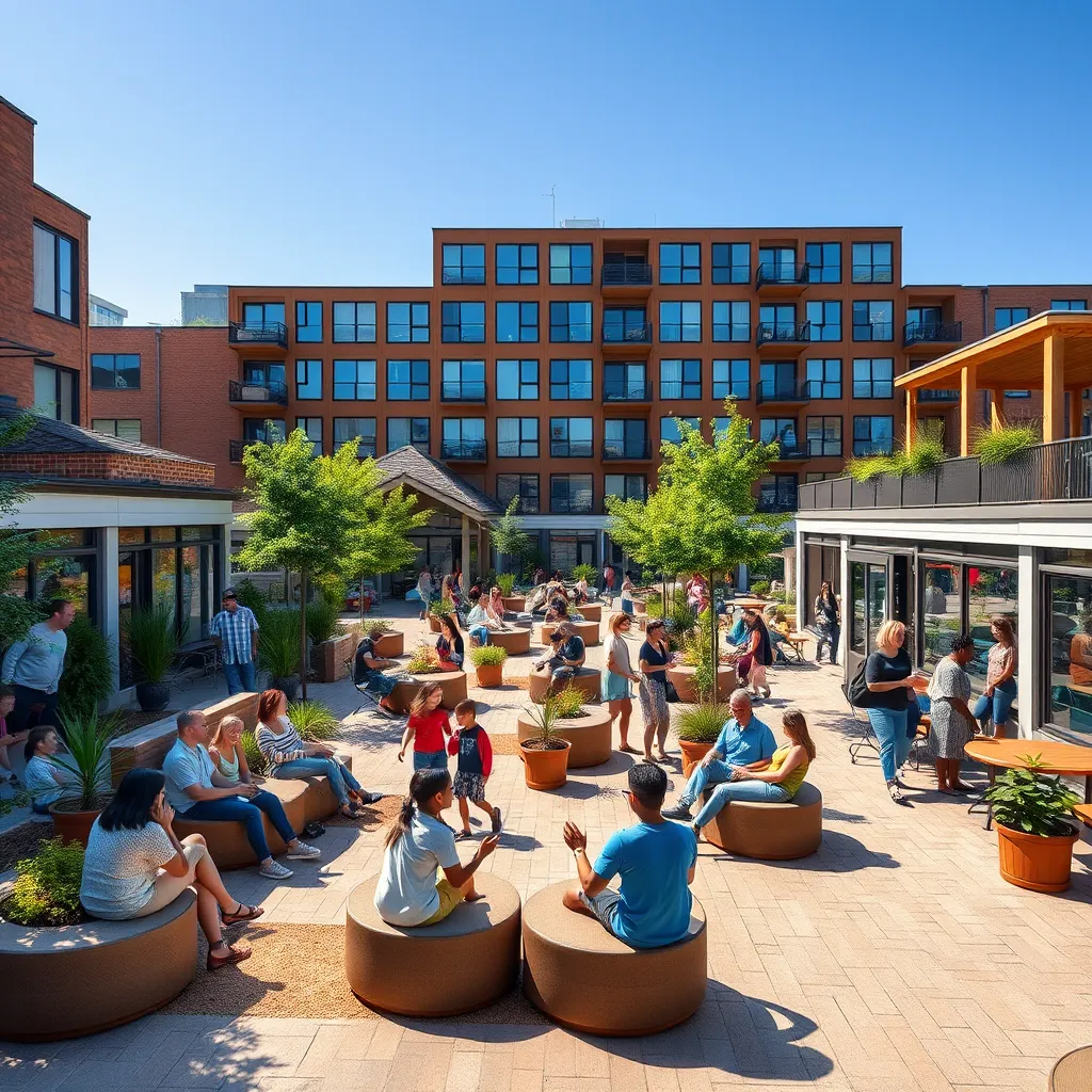 An inviting communal space with cozy seating areas, gardens, and recreational facilities where diverse residents interact joyfully, reflecting a sense of belonging and community spirit, with children playing and adults socializing, under a bright blue sky.