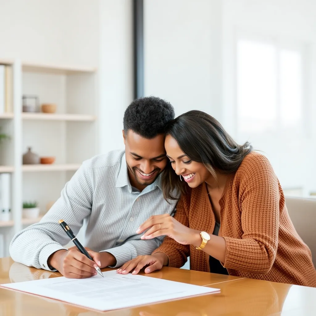 A dynamic outdoor community event featuring young adults at a vibrant market celebrating homeownership. The scene is filled with colorful stalls, people engaged in joy and discussion, surrounded by lush greenery under gentle, warm sunlight. The color palette bursts with bright colors like oranges, greens, and blues, promoting a festive mood. The camera angle is slightly elevated, providing a clear view of the lively atmosphere with details of food, music, and social interaction. Textures include natural materials like wood, fabrics, and greenery. Background elements feature banners emphasizing home sharing themes. Style references draw on documentary-style photography that promotes community spirit. This image is hyperrealistic, ultra-detailed in 8K resolution, celebrating empowerment and connection.