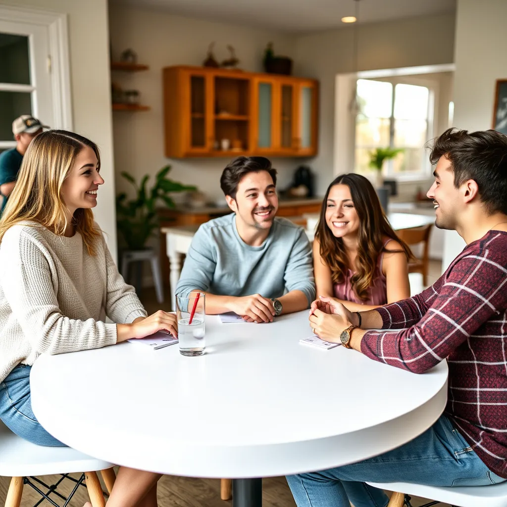 A cozy, modern living space showcasing diverse young adults engaging in conversation and planning together. Soft diffused lighting illuminates the room filled with greenery and warm textiles. The color palette includes soft pastels and earthy tones, creating an inviting, friendly atmosphere. The camera angle is at eye level, focusing on a large round table surrounded by vibrant décor and plants. Textured walls with natural materials like wood and stone create a harmonious environment. Background details feature shared living spaces like a community kitchen and lounge area filled with books and art. Style references include the warmth of Scandinavian design. An ultra-detailed, hyperrealistic image in 8K resolution captures the essence of collaboration and community.