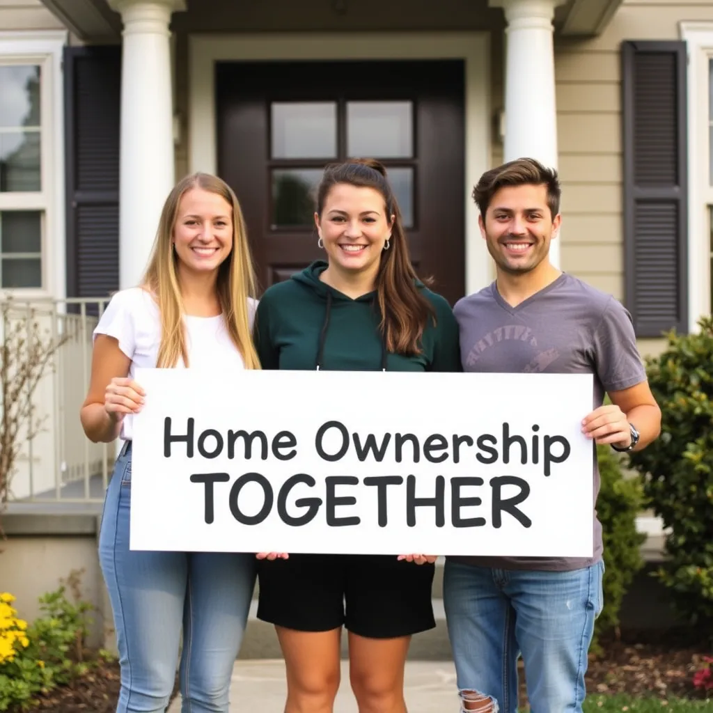 A diverse group of young adults celebrating together in front of a modern co-owned home, showcasing a vibrant community atmosphere. Highlight the facade of the house with shared outdoor space and a welcoming porch. Include elements of happiness and teamwork, like high-fives or a 'Welcome Home' banner.