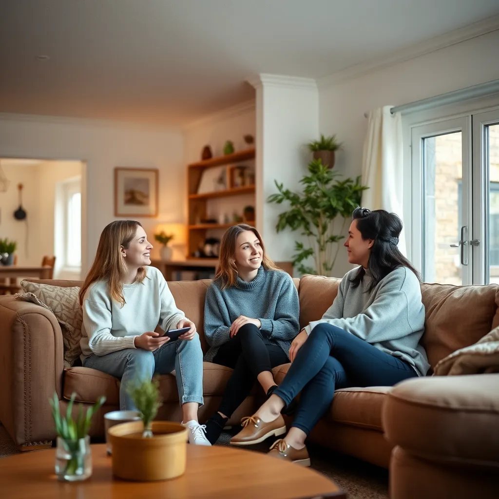 A cozy communal living space where multiple young adults collaborate on home renovation projects together. They are engaged in discussions and teamwork, with tools and building materials around. The space is welcoming and promotes a sense of togetherness and shared purpose.